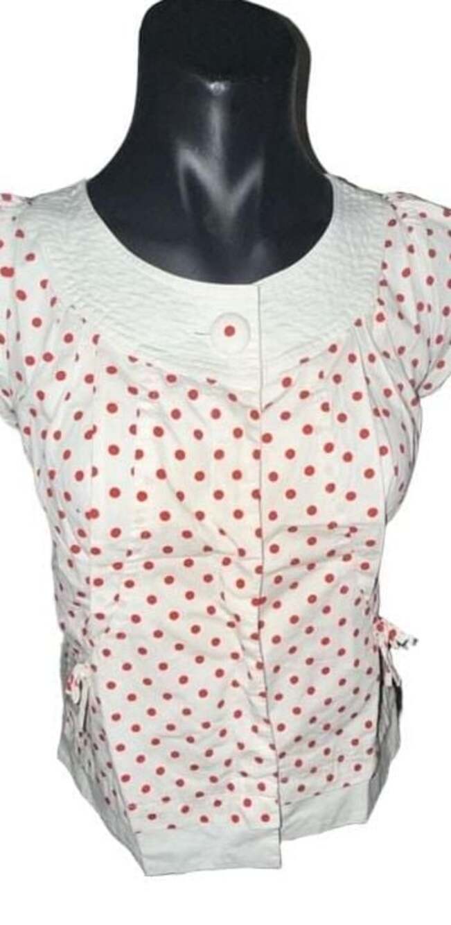 Veeko White and Red Polka Dot Short Sleeve Blouse with White Collar and Bow Deta
